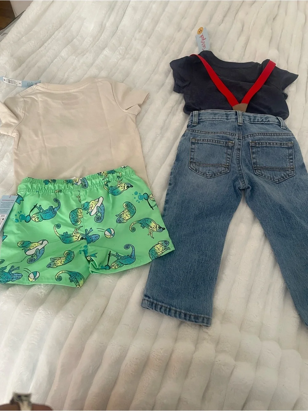 Cat & Jack Neon Green Swim Shorts with Yellow and Teal Chameleon Print 4 pieces